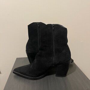 Zara Black Suede Pointed Toe Western Booties – Block Heel Zip-Up